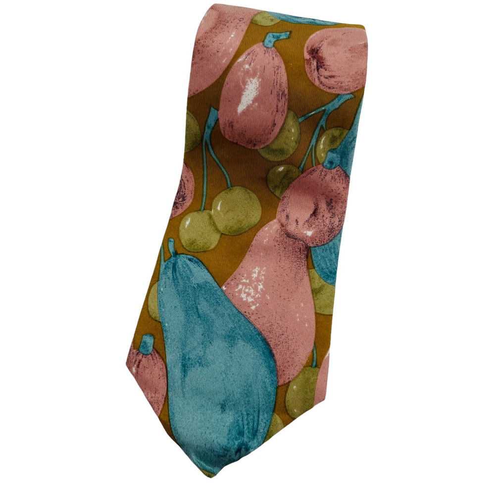 VINTAGE OSCAR DE LA RENTA Mens Neckwear Watercolor Tie Blue Pears Green Cherries